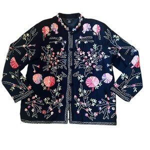 Boston Proper Wool Blend Kimono Pink Black Blazer Embroidered Floral Size Large